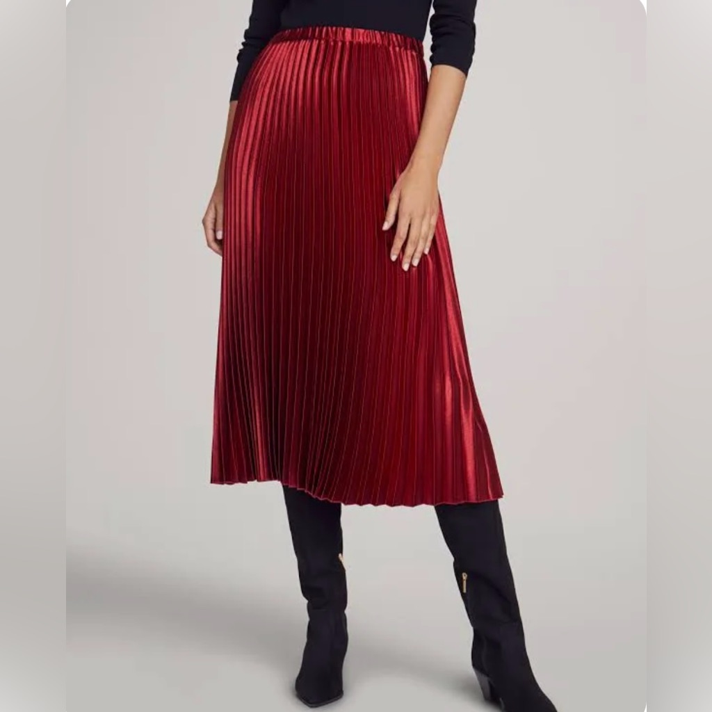 Nwt Anne Klein Red Satin Pleated Pull-On Midi Skirt.
